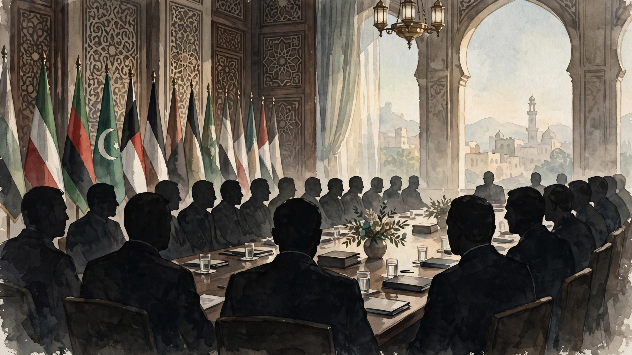 AI-generated illustration of a diplomatic meeting in Tehran with officials seated at a long table beneath national flags, illustrating regional talks on the Iran war