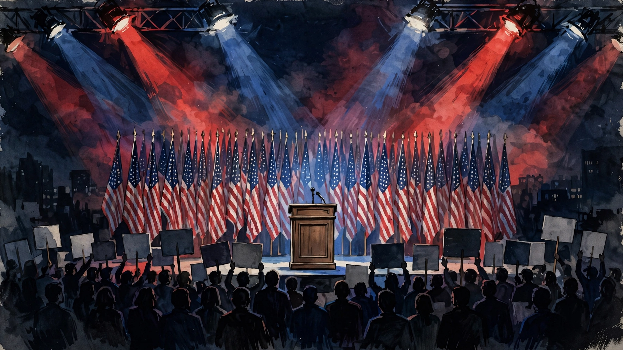 AI-generated illustration of a US campaign rally stage at night with American flags, a podium and a silhouetted crowd, illustrating Trump's remarks on the Iran war