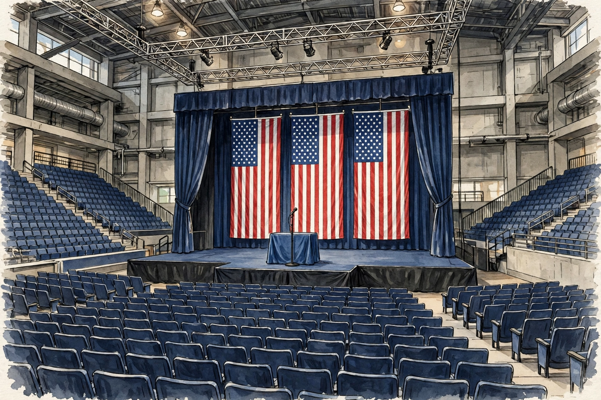 AI-generated illustration of an empty political rally stage with a single microphone and rows of seats in a Michigan arena, American flags in the background