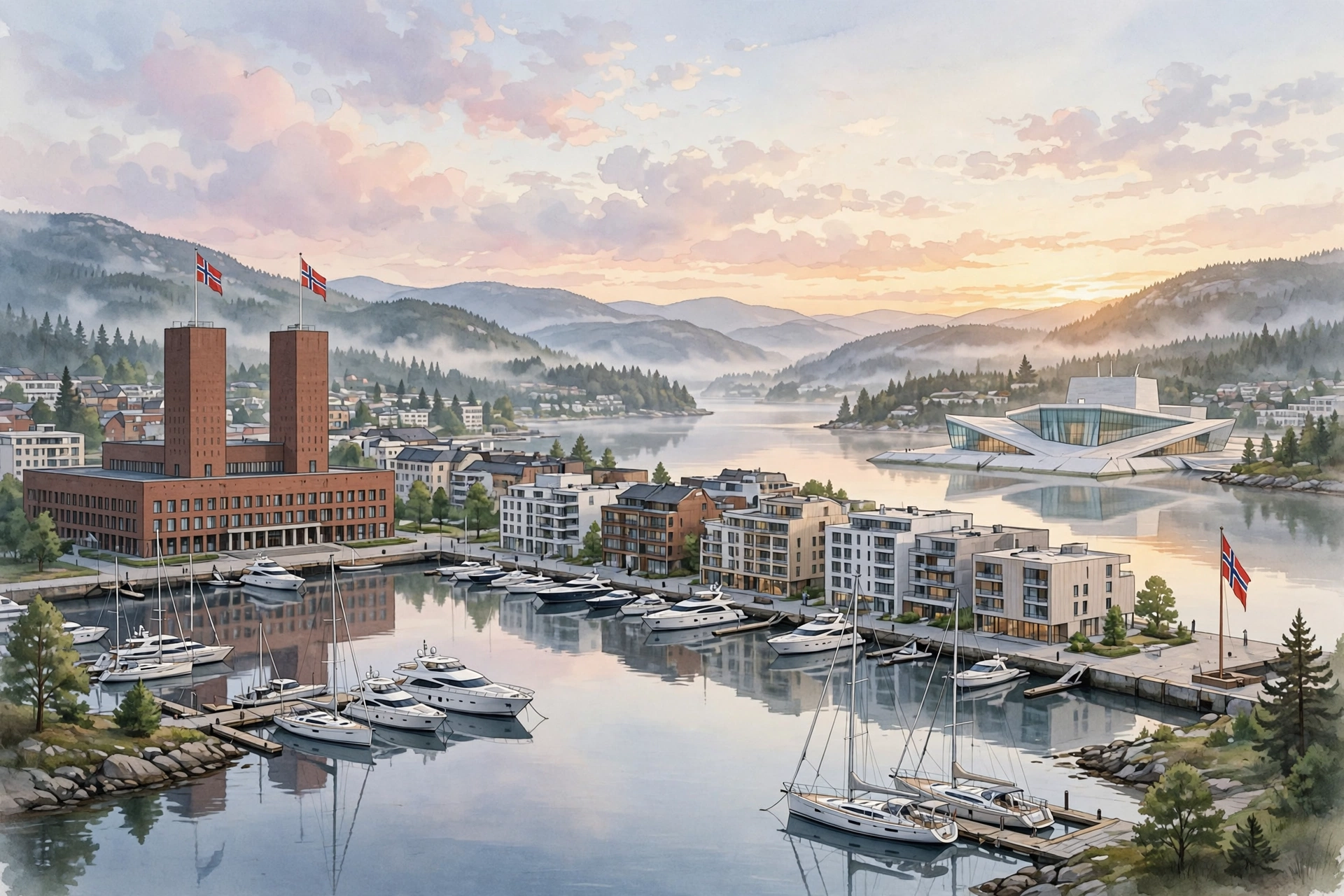 AI-generated illustration of the Oslo fjord and city waterfront at dawn with a Norwegian flag flying over a calm harbour