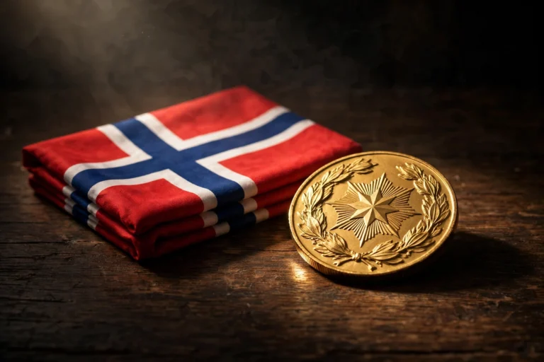 AI-generated illustration of a gold Nobel-style medal on a dark table beside a folded Norwegian flag under dramatic light