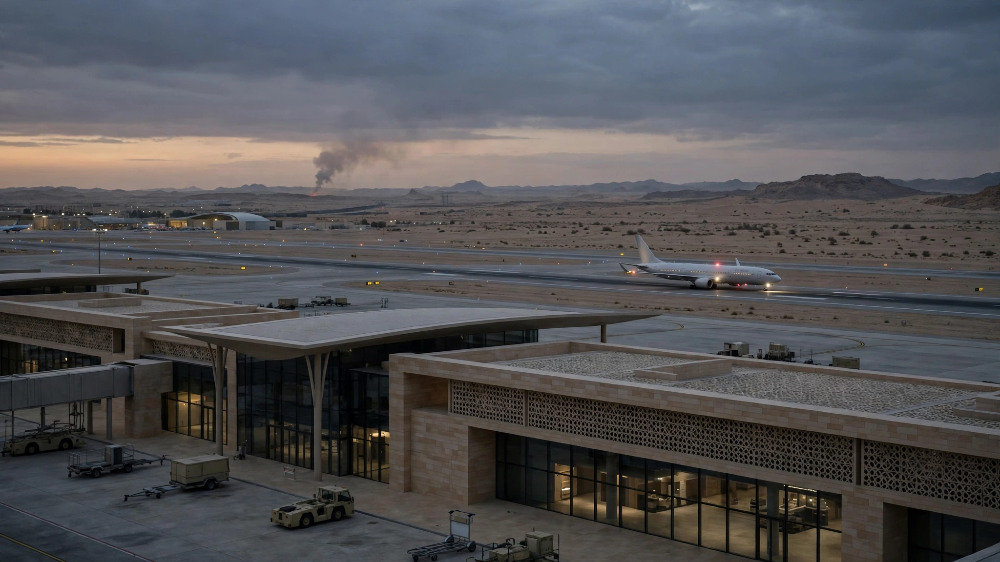 AI-generated concept image of a Middle Eastern airport at dusk with a government plane on the runway and a distant smoke plume, symbolising the US diplomatic drawdown from Saudi Arabia